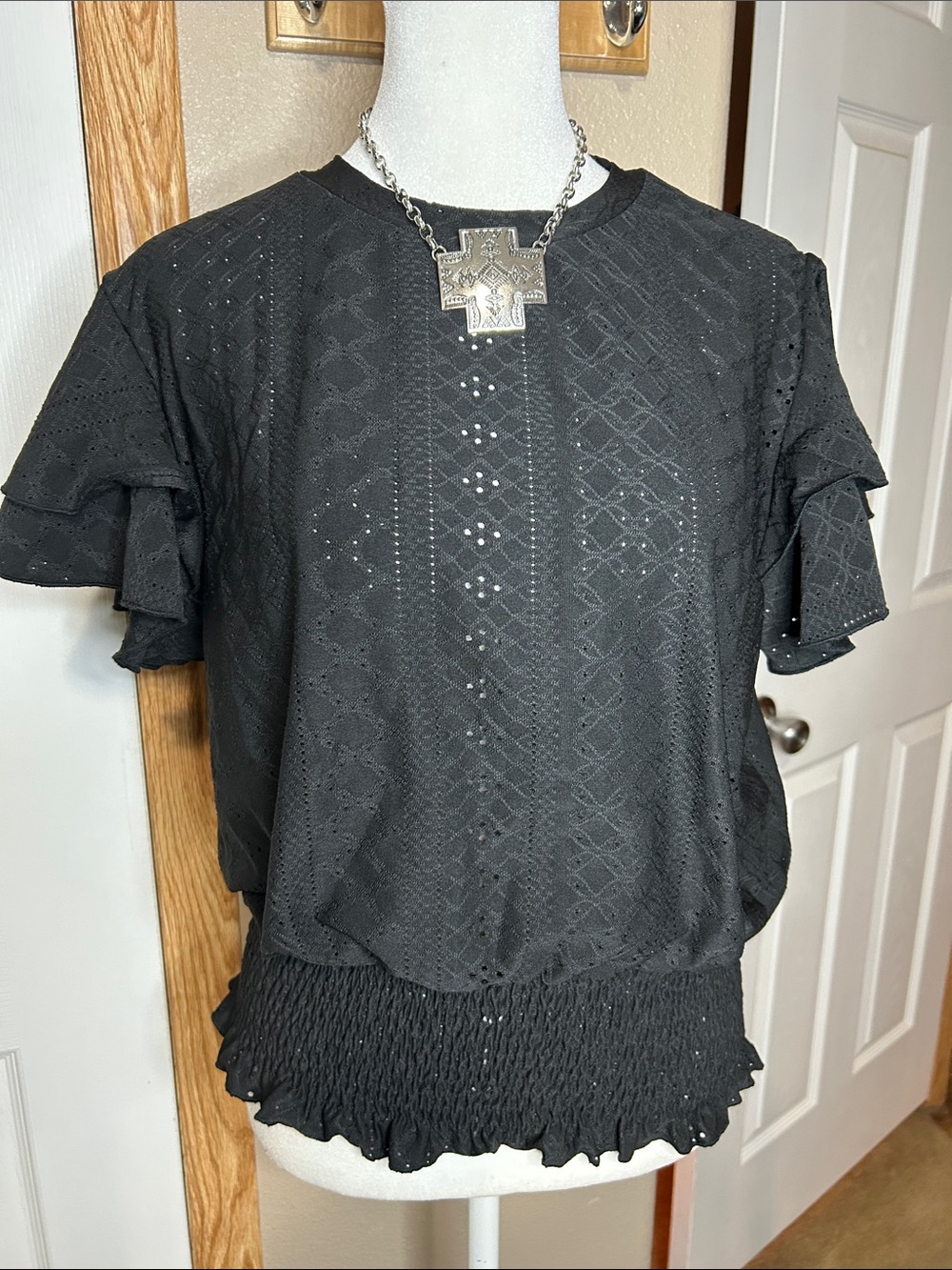 BLACK Smocked Waist Flutter Sleeve Blouse